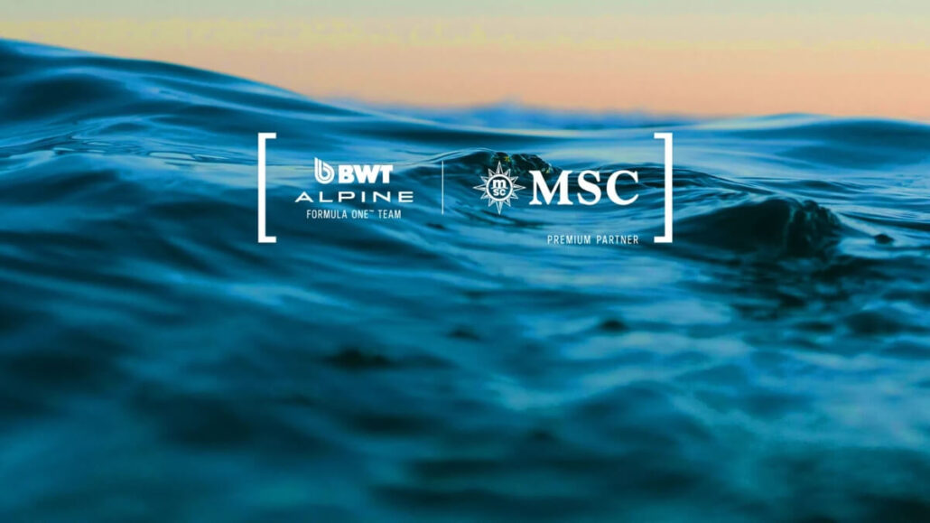 Close-up of ocean waves under a sunset sky. The BWT Alpine Formula One Team and MSC Cruises Premium Partner logos are overlaid at the center.