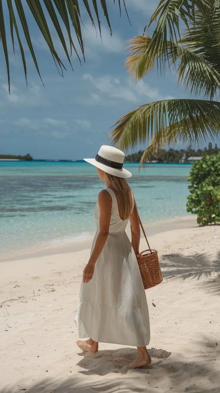 A person wearing a stylish white dress and straw hat walks along a sandy beach with clear turquoise water, showcasing elegant cruise outfits. They carry a woven bag, while palm trees sway gently under the partly cloudy sky.