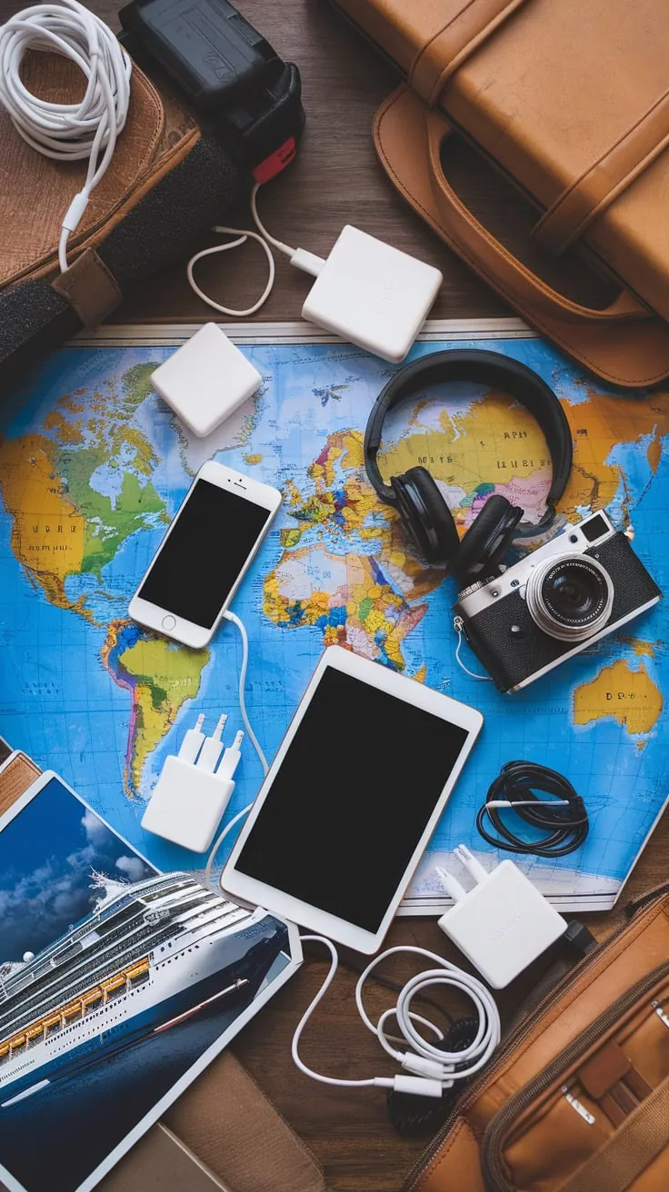 A flat lay of travel essentials includes a tablet, smartphone, camera, headphones, and chargers on a world map. Nearby are a woman's guide with packing tips for your next cruise and sleek leather bags. Various electronic devices are connected with cables, ready for adventure.