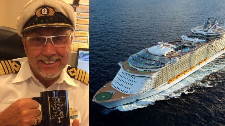 A man in a captain's uniform, resembling Johnny Faevelen, grins while holding a mug reading "The Captain is Always Right. I'm the Captain." Next to him, an aerial view captures a large cruise ship embarking on its legendary 50-Year Voyage.