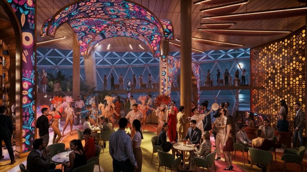A lively, colorful indoor party scene with people seated and standing resembles The Bazaar, where performers in vibrant costumes dance under a ceiling adorned with intricate, illuminated patterns. The room exudes a warm ambiance with soft lighting and decorative elements.