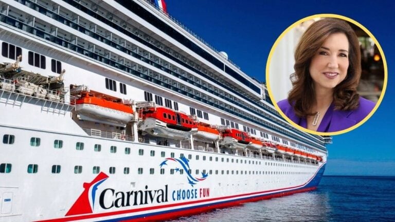A large cruise ship bearing the Carnival Cruise Line logo and "Choose Fun" slogan sails on the calm ocean. An inset shows a smiling person in a purple outfit. Under Christine Duffy's leadership as President, every voyage promises clear skies and endless enjoyment.