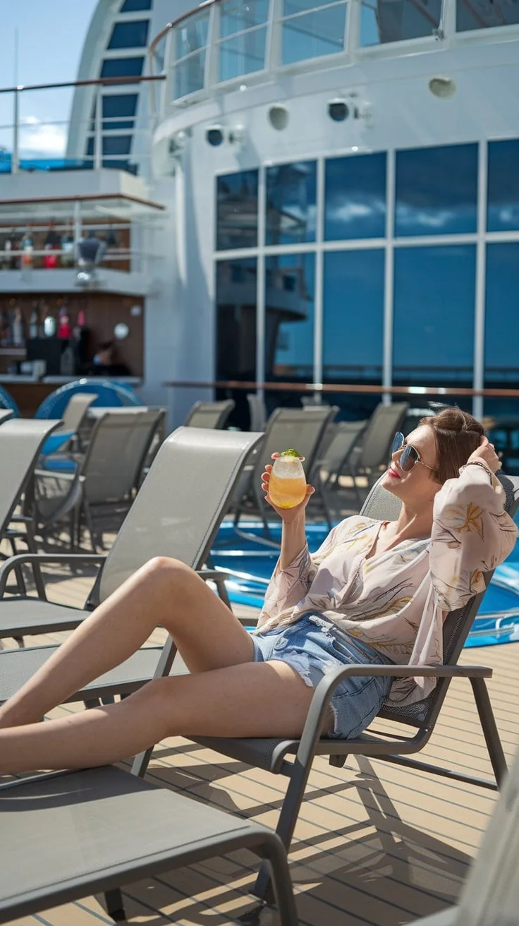 A person relaxes on a sun lounger beside a pool on a cruise ship deck, embracing the essence of stylish outfits. They wear chic sunglasses and hold a refreshing drink. In the background, deck chairs and a bar enhance the leisurely vibe, perfect for showcasing trendy cruise outfits.