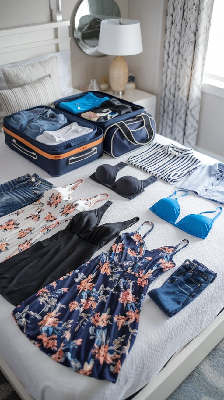 Open suitcase and travel bag on a bed, surrounded by neatly arranged clothes perfect for a 5-day cruise, including floral dresses, striped tops, jeans, and swimwear. A lamp and patterned curtain are in the background, embodying an organized woman's guide to packing.