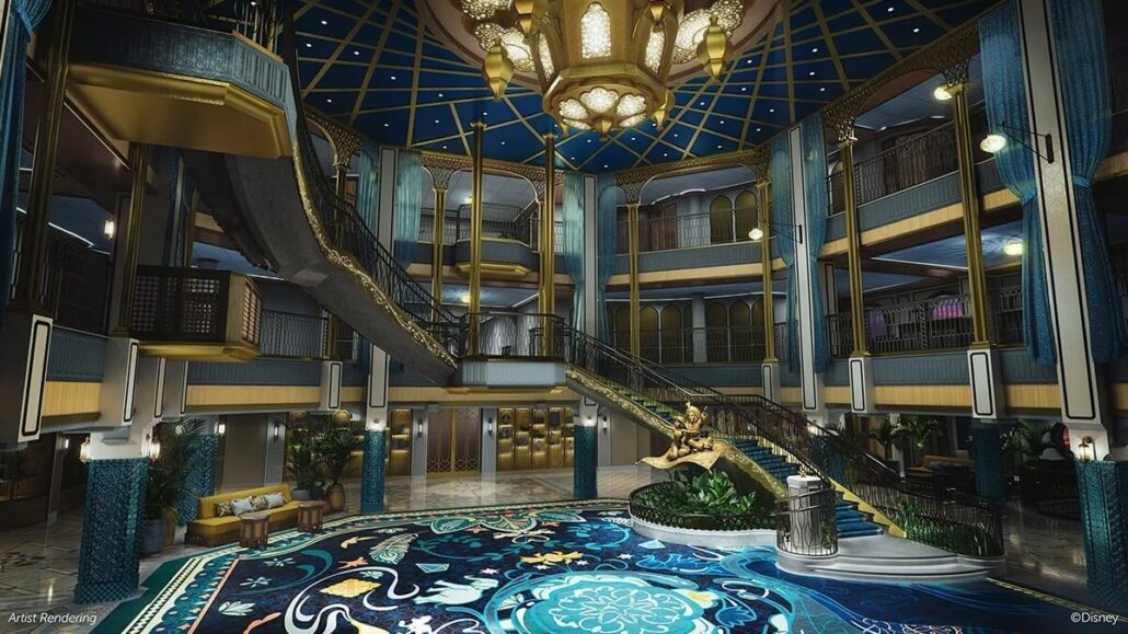 A luxurious, opulent lobby aboard the Disney Treasure cruise, featuring grand staircases and ornate detailing. The domed ceiling is adorned with a large chandelier, while the floor showcases an intricate design. Golden railings, potted plants, and elegant lighting accentuate this enchanting space.