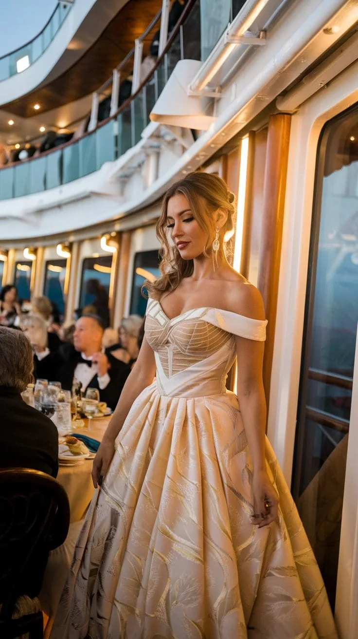 A stylish woman in an elegant off-shoulder gown stands by a dining area on a cruise ship. The setting is formal, with tables of people dressed in chic cruise outfits. The ship's interior features large windows and modern decor.