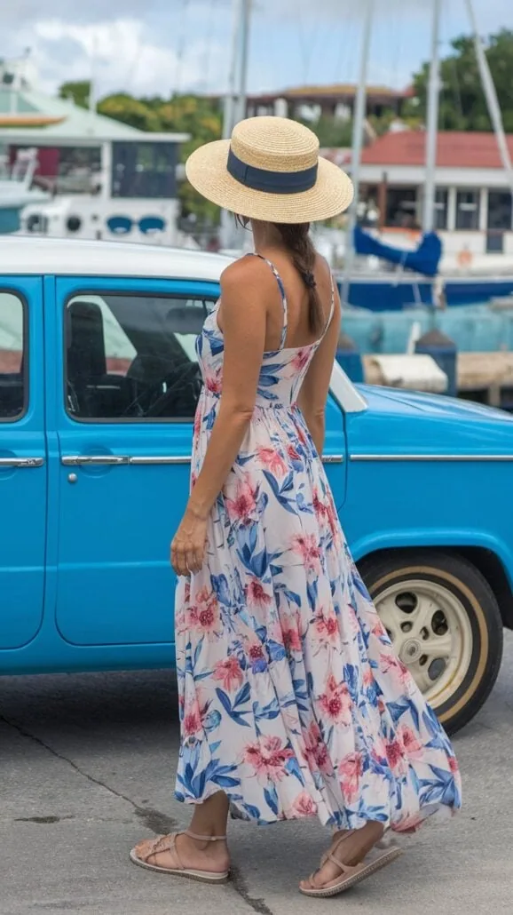 A woman in a floral dress and straw hat stands near a blue vintage car, preparing for her 5-day cruise. She gazes at the marina with boats in the background on a cloudy day, contemplating the upcoming adventure.
