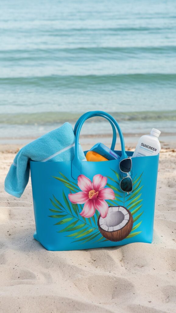 A blue beach bag with a pink hibiscus and coconut print sits on the sand, an essential item for any woman. It contains a light blue towel, sunscreen, and sunglasses—perfect additions to your cruise packing list. The ocean sparkles invitingly in the background.