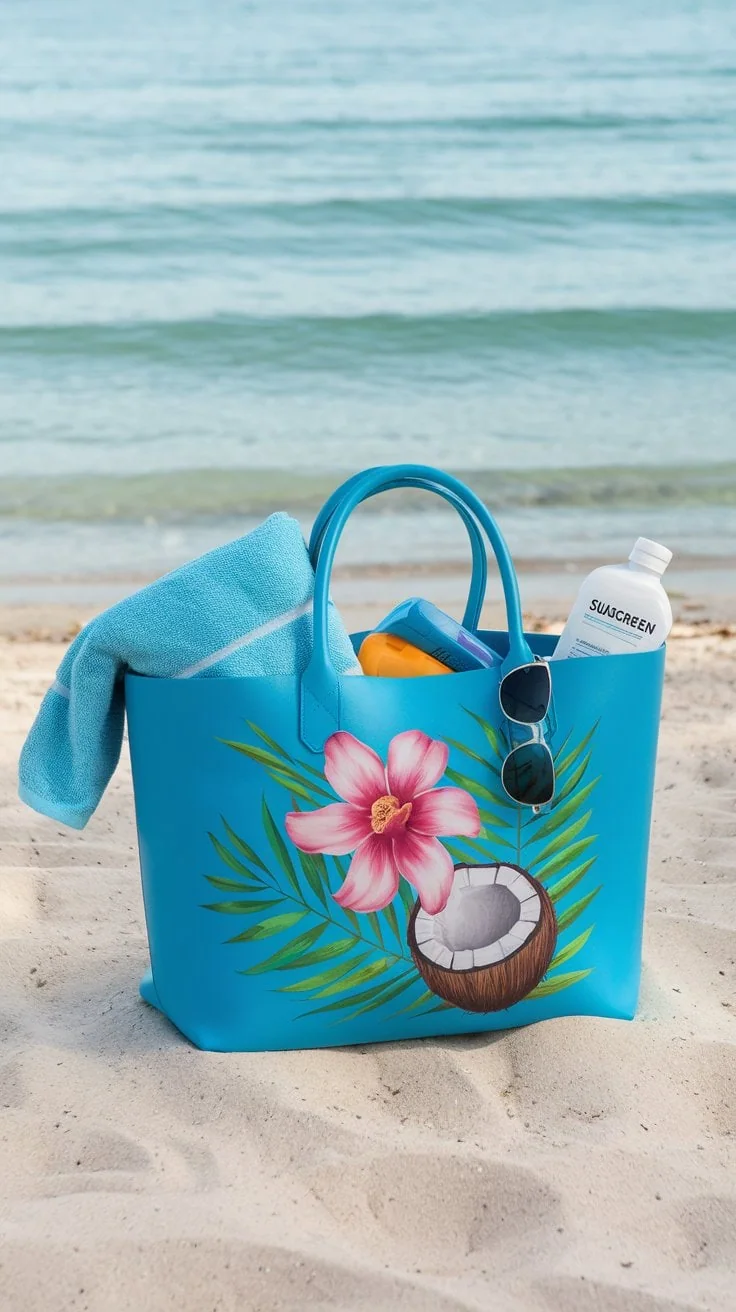 A blue beach bag with a pink hibiscus and coconut print sits on the sand, an essential item for any woman. It contains a light blue towel, sunscreen, and sunglasses—perfect additions to your cruise packing list. The ocean sparkles invitingly in the background.