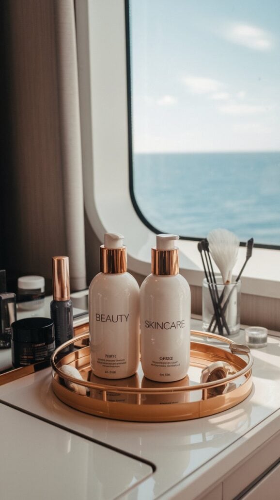 Two white bottles labeled "Beauty" and "Skincare" with gold pumps sit on a gold tray beside a window overlooking the sea, perfect essentials for your cruise packing list. Assorted cosmetic items and brushes are visible in the background on a white countertop.