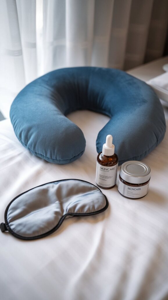A blue travel neck pillow lies on a bed next to a gray sleeping mask, a small bottle with a pipette lid, and a round jar labeled "SKINCARE." These essential items are perfect for any cruise packing list. In the background, a sheer curtain is partially visible.