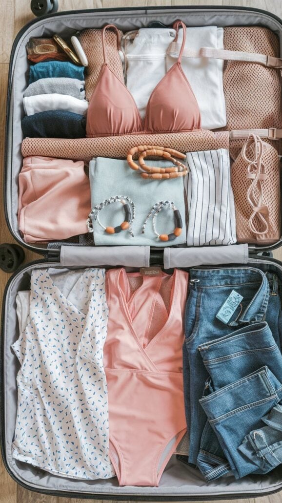 An open suitcase contains essential items for women. On one side, two bathing suits, denim shorts, a striped skirt, and sunglasses sit ready for adventure. On the other side, you'll find tops, pants, necklaces, and a pair of sandals—perfectly curated for your cruise packing list.