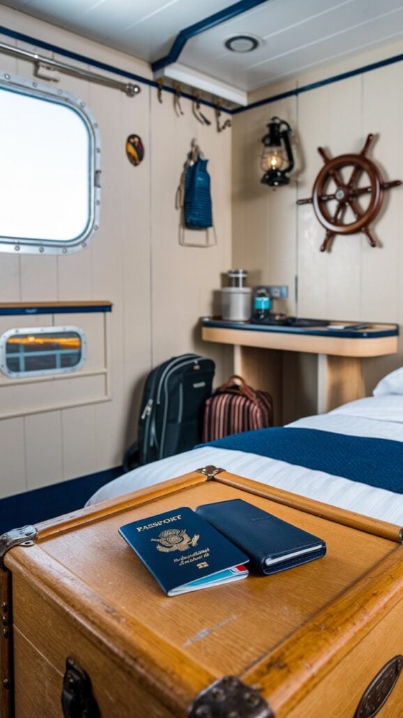 The cabin interior is tailored for an 8-day cruise, featuring a bed, wooden chest, and nautical decor. Luggage and essentials fit the ultimate cruise packing vibe, while a backpack and lantern hang on the wall. The chest conceals a passport and smartphone, with natural light streaming through the porthole.