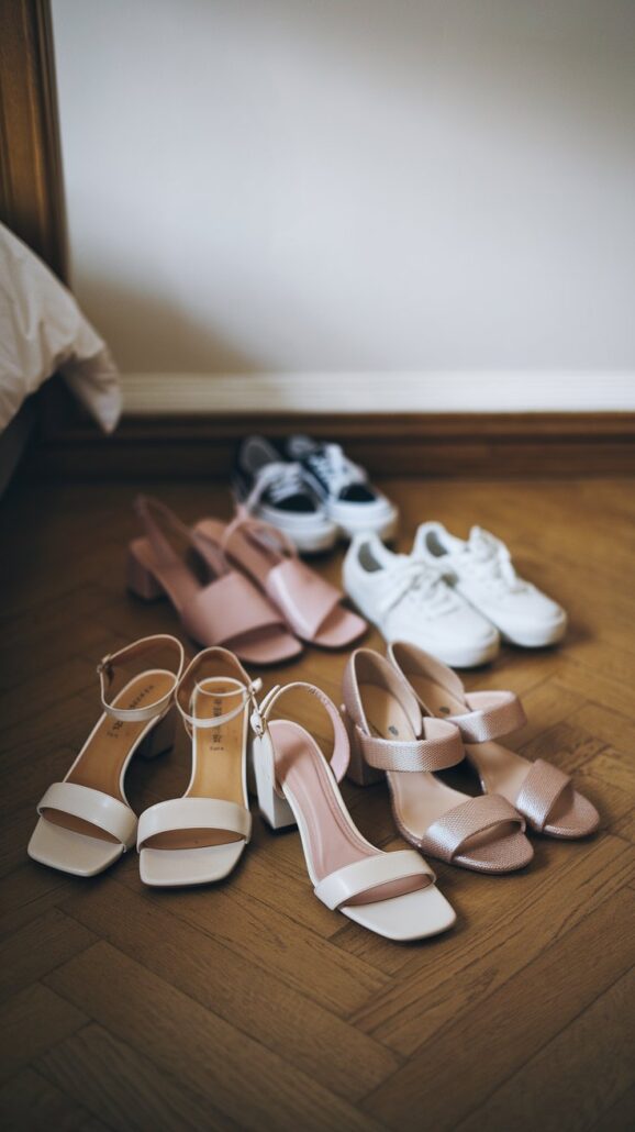 A collection of essential women's shoes on a wooden floor, featuring white high-heeled sandals in front, pink sandals with block heels, and versatile black and white sneakers—perfect additions to any cruise packing list. A section of wall and bed frame is partially visible in the background.