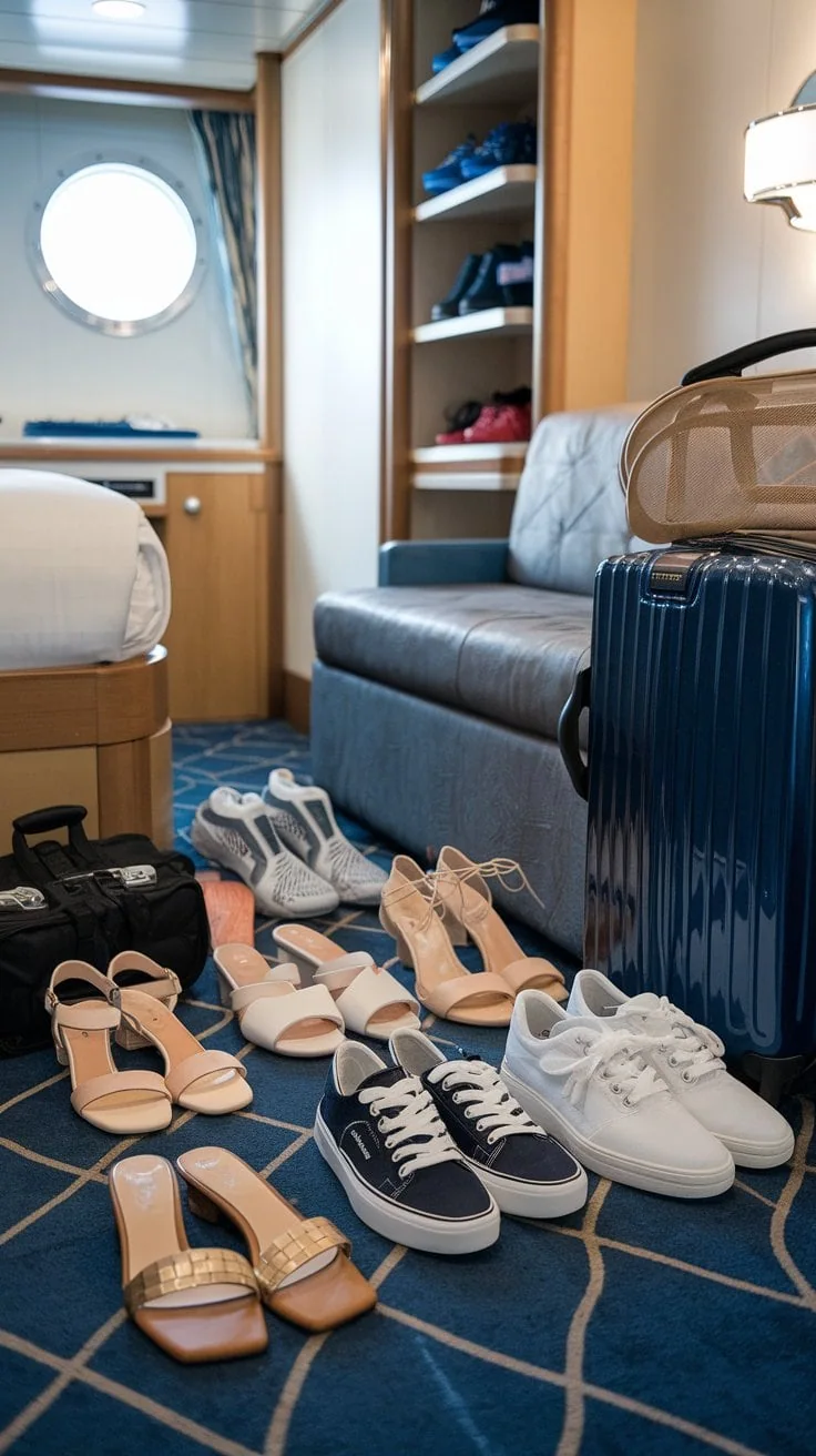 A neatly organized cruise ship room features a bed, a sofa, and a shelf with shoes. In the foreground, several pairs of sandals, sneakers, and heels—a nod to every woman's guide—are arranged on a patterned carpet. Luggage is strategically placed beside the sofa for easy packing tips.