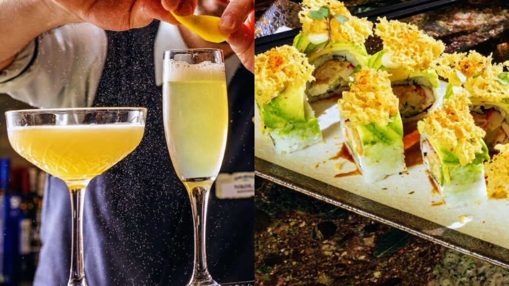 A split image captures a bartender in Margaritaville, expertly garnishing cocktails—including a coupe and a flute—on the left, while on the right, a platter from Sea Paradise showcases sushi rolls topped with crispy tempura flakes on a sleek rectangular tray.