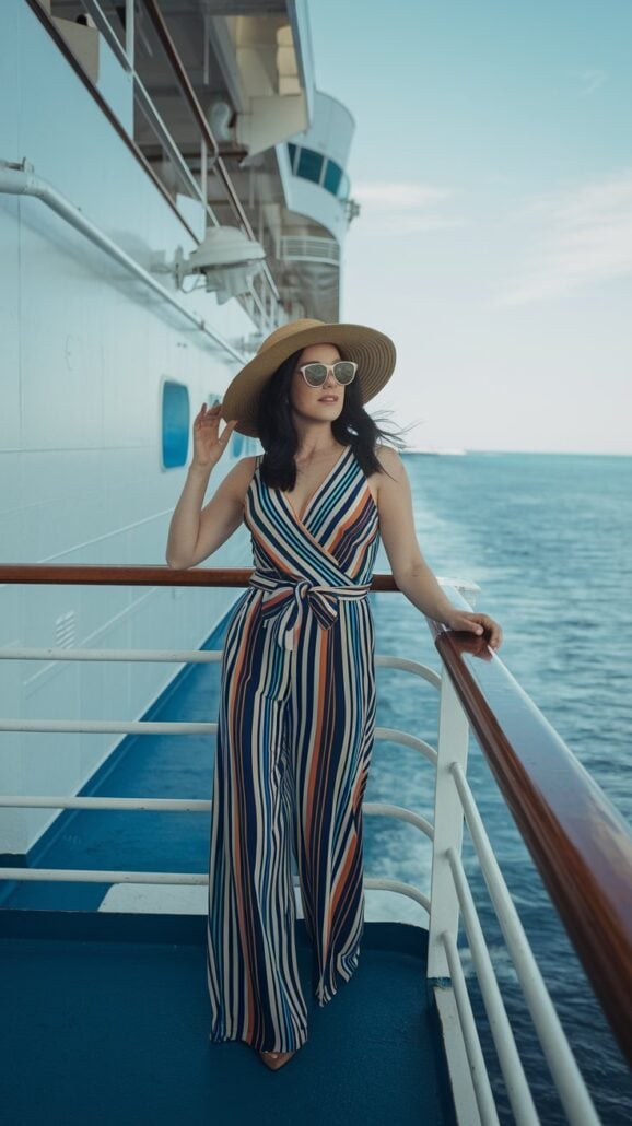 A woman wearing a wide-brimmed hat, sunglasses, and a striped jumpsuit stands on the deck of a ship during her 5-day cruise. She is leaning against the railing with a blue ocean in the background, under a clear sky.