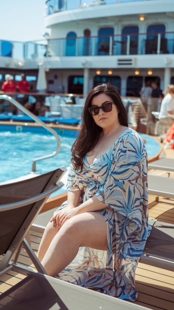 A woman in a plus size cruise outfit, featuring sunglasses and a floral cover-up, lounges on a deck chair aboard the ship. She's near the sparkling pool, with fellow passengers and parts of the vessel enhancing the vibrant backdrop of her Mexican getaway.