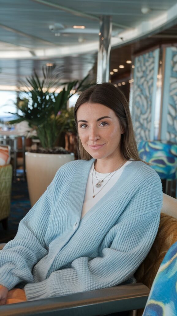 A person with long hair, capturing the essence of a woman's guide, is sitting indoors in a light blue cardigan over a white shirt. The backdrop features a large plant and patterned walls bathed in soft lighting. They gaze neutrally at the camera, as if contemplating packing tips for a 5-day cruise.