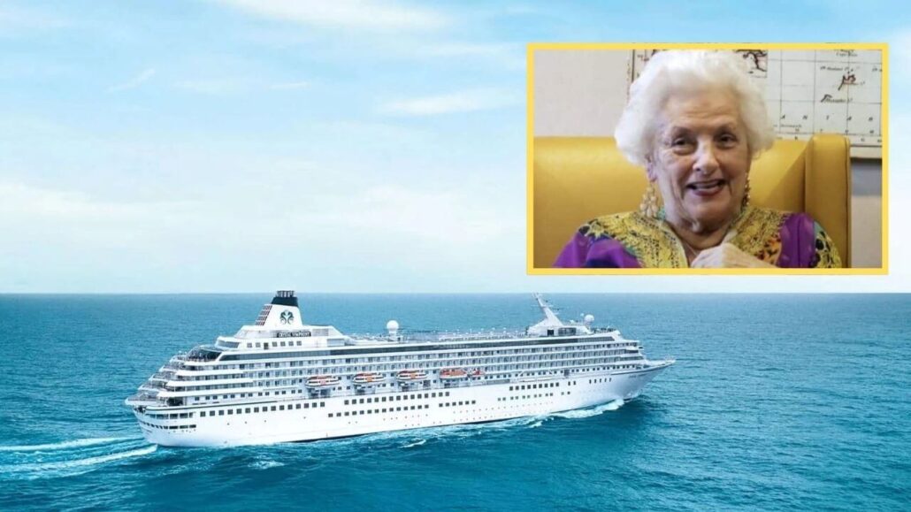 A large white cruise ship sails on a calm blue ocean under a clear sky, embodying the carefree spirit of cruise life. In the top right corner, an inset shows a retiree with white hair, wearing a colorful outfit, smiling while seated indoors.