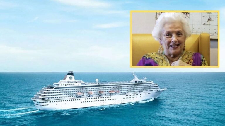 A large white cruise ship sails on a calm blue ocean under a clear sky, embodying the carefree spirit of cruise life. In the top right corner, an inset shows a retiree with white hair, wearing a colorful outfit, smiling while seated indoors.