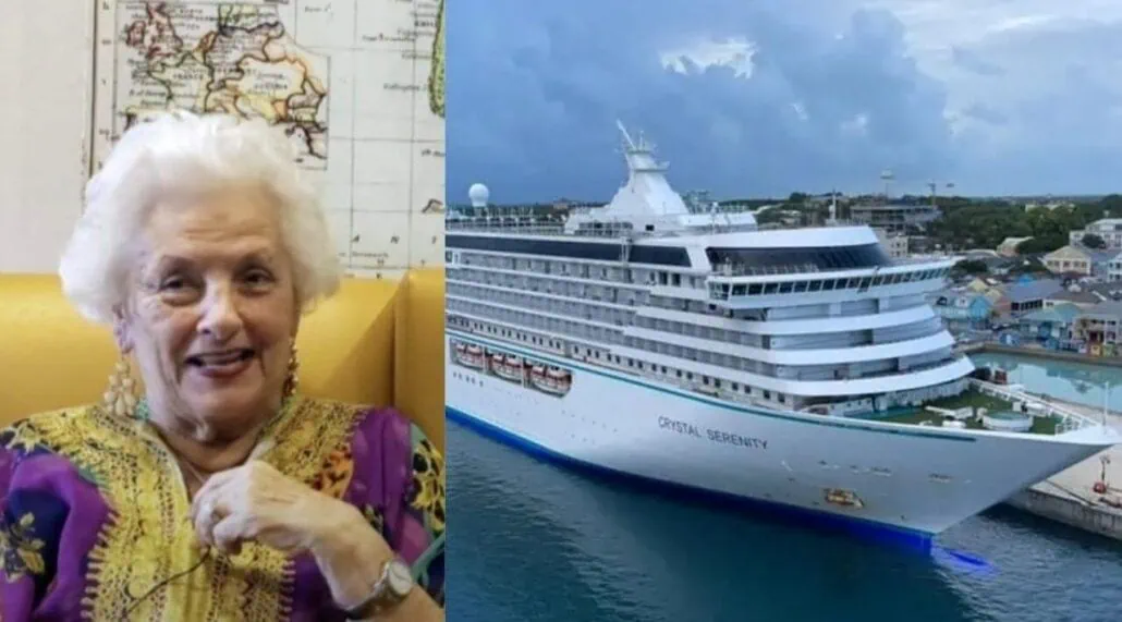 An elderly woman, perhaps a retiree embracing cruise life, sits on a yellow chair, her colorful blouse contrasting with the large cruise ship Crystal Serenity docked at the harbor. A cloudy sky looms above while a map peeks out behind her, hinting at past adventures and places visited.