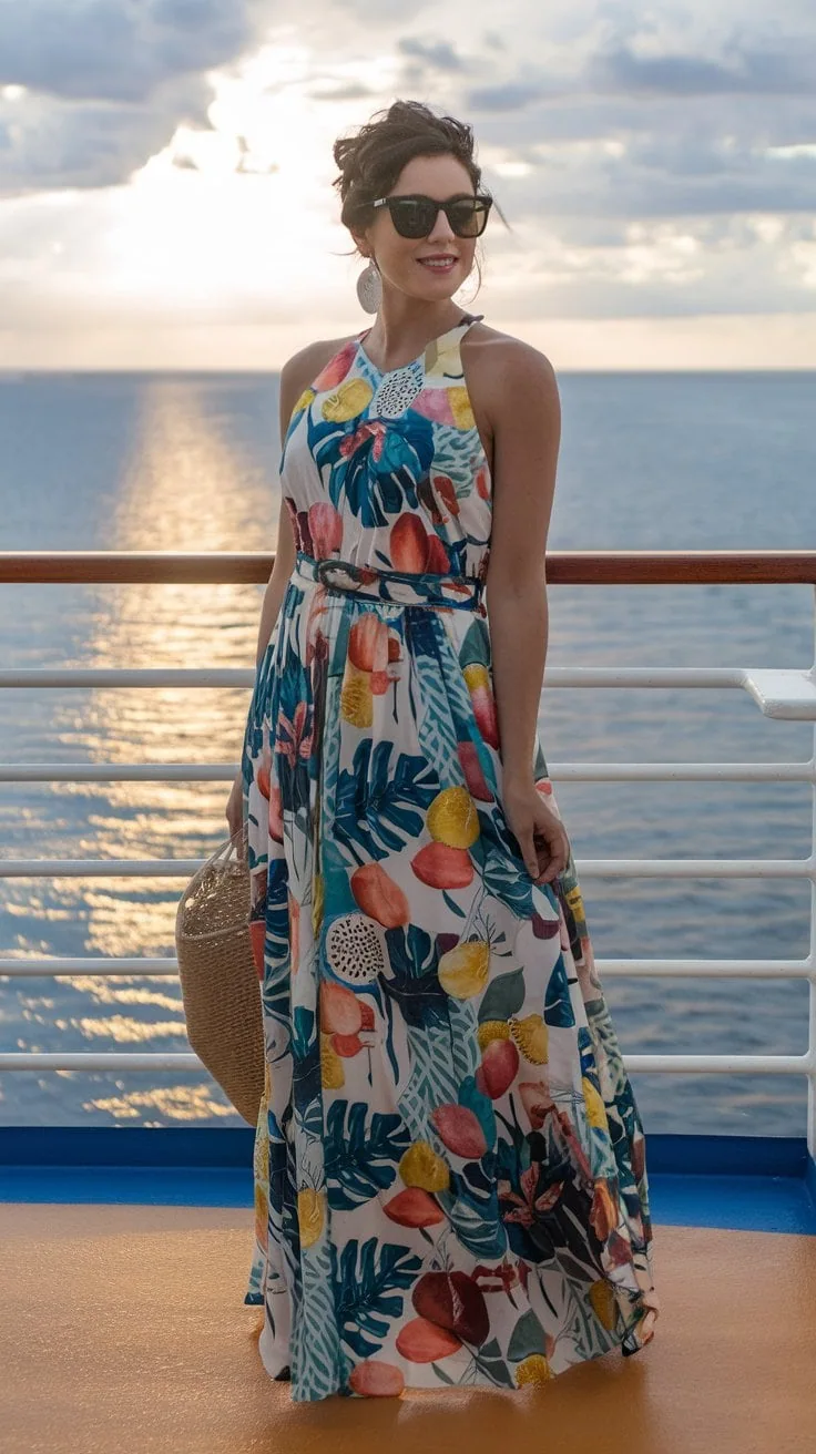A woman stands stylishly on a ship deck at sunset, wearing a long, colorful floral dress and sunglasses. She holds a woven bag, embodying the essence of cruise outfits, with the ocean stretching beautifully in the background.