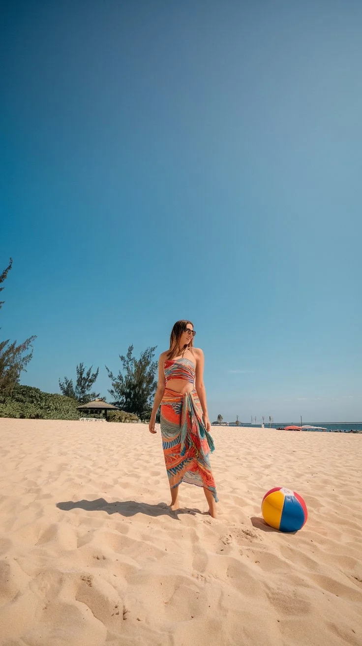A woman stands on a sandy beach, showcasing one of her fabulous cruise outfits, with a colorful wrap fluttering in the breeze. Nearby, a multicolored beach ball rests on the sand. The sky is clear and blue, and distant trees frame this picturesque scene.