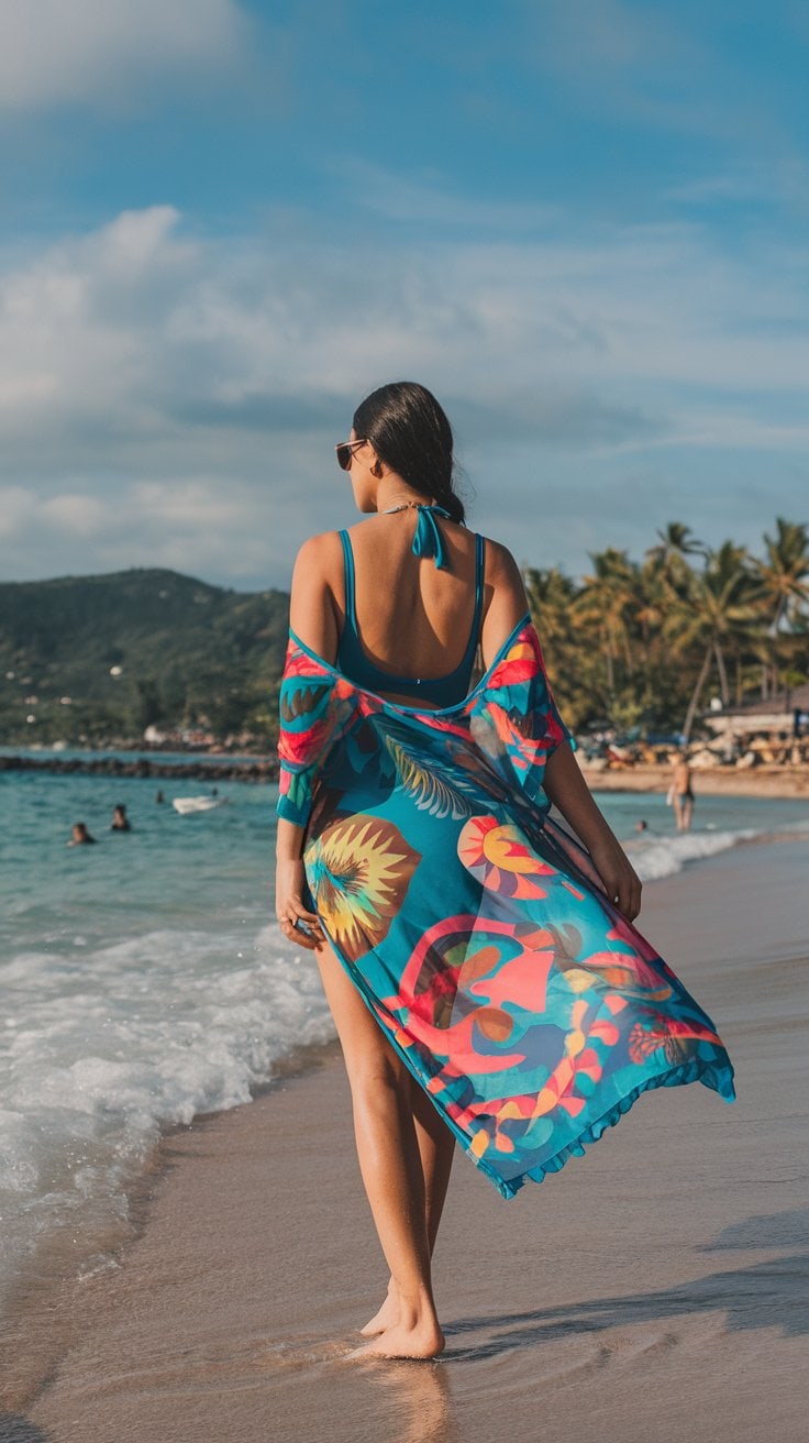 A person in vibrant Mexico cruise outfits walks along a beach shoreline. The individual, with long hair, faces away from the camera. The scene includes the ocean, distant swimmers, and a backdrop of palm trees under a partially cloudy sky.