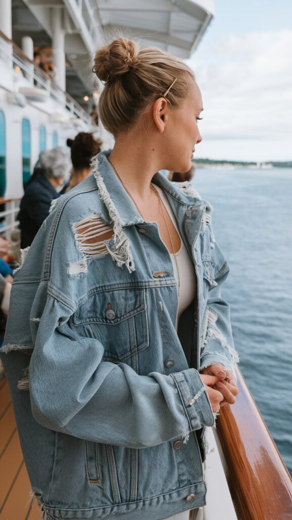 A woman with hair in a bun, clad in a fabulous distressed denim jacket, stands on a ship deck, gazing at the water. Other passengers and the ship's railings are visible in the background. The sky is partly cloudy—a perfect moment for Mexico cruise outfits.