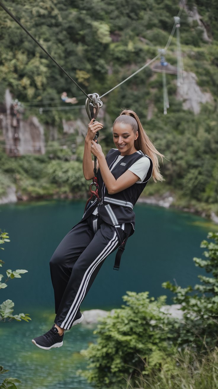 A person clad in stylish cruise attire is zip-lining over a sparkling body of water. The scene is framed by lush green trees and a stunning cliff, capturing the adventurous spirit that complements the elegance of Mexico cruise outfits.