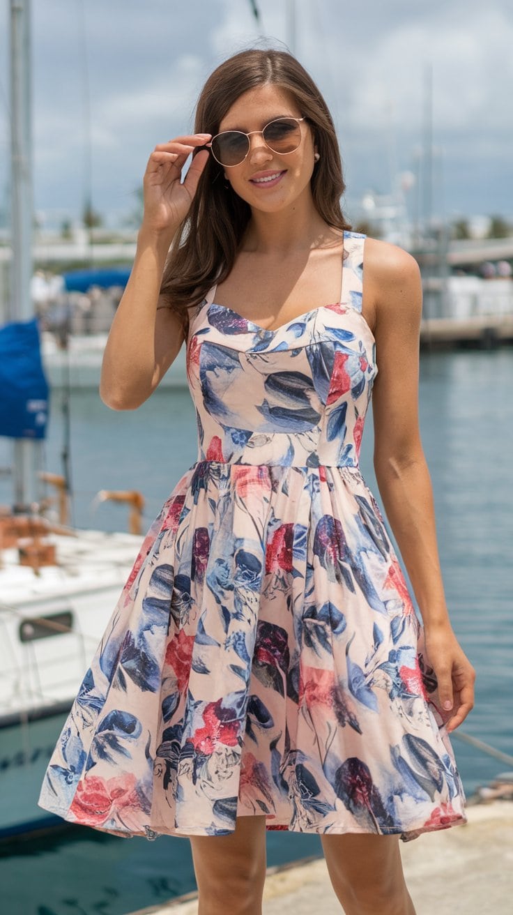 A woman in chic cruise attire, sporting sunglasses and a floral dress, stands near a marina. With one hand on her frames, she exudes effortless style perfect for Mexico cruise outfits. Several sailboats dot the background under a partly cloudy sky.