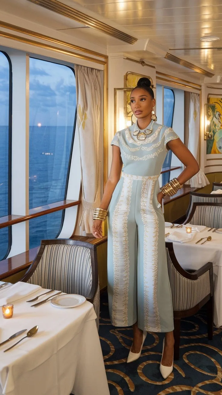 A woman stands in an elegant dining area on a boat, epitomizing cruise clothing style in a light blue jumpsuit with ornate embroidery. She has multiple bracelets embellishing each arm and gazes out the large window toward the ocean. The table is set with cutlery and candles, perfect for a Mexico cruise dinner.