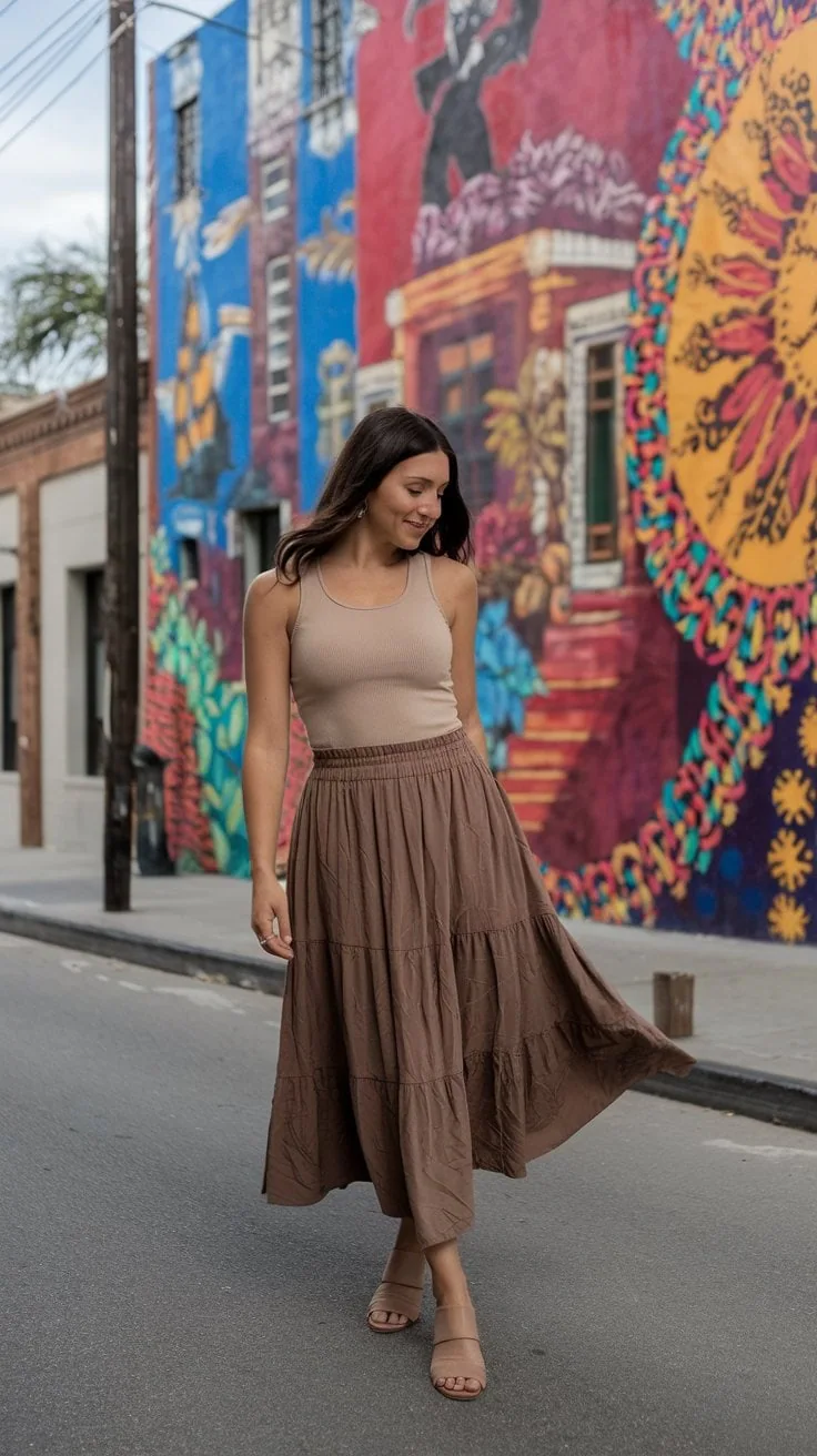 A woman in a beige tank top and brown skirt strolls along the street, embodying casual cruise fashion. She's smiling, looking down as a vibrant mural with abstract shapes adorns the building wall behind her. It's the perfect ensemble for exploring after a day of Mexico cruise adventures.
