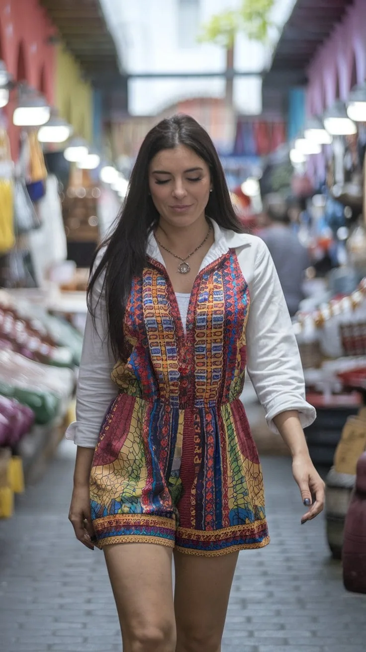 A woman with long dark hair explores a market in vibrant Mexico cruise fashion. She dons a colorful, patterned romper paired with a chic white sleeveless jacket. Stalls on either side brim with various goods, crafting a scene as fabulous as her outfit.