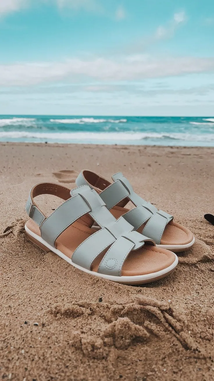 A pair of light blue sandals, perfect for cruise wear, sits on the sandy beach with the ocean and cloudy sky in the background. Featuring wide straps, these chic additions to women's fashion are ideal for Mexico cruise outfits as they lie side by side.