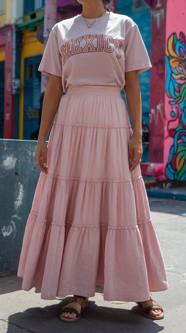 A woman confidently stands on a city street, embodying fabulous style in her pink t-shirt with "Mexico" printed on it and a matching tiered skirt—an ensemble perfect for Mexico cruise outfits. Sandals adorn her feet as colorful murals paint the backdrop.