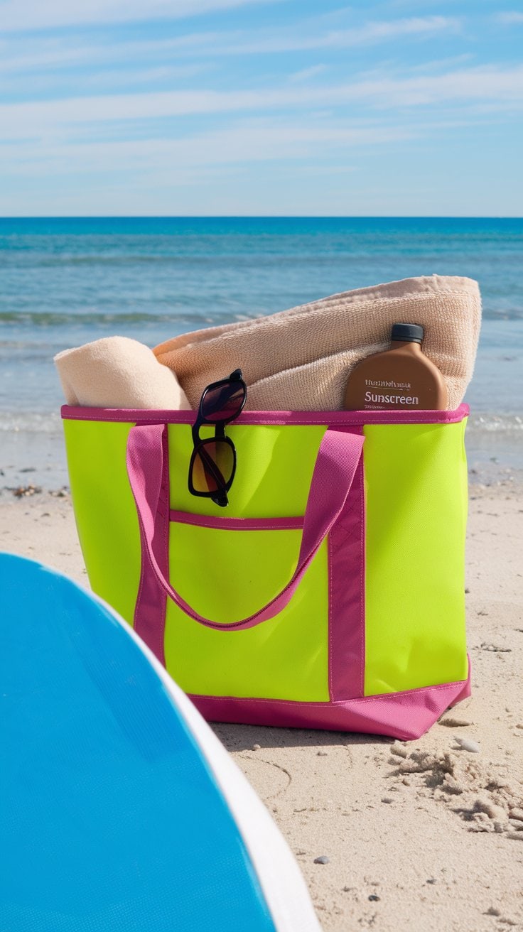 A fabulous bright yellow and pink beach bag sits on the sand, containing a beige towel, sunscreen bottle, and black sunglasses. In the foreground is part of a blue surfboard, while the ocean and sky serve as a stunning backdrop—perfect for women's Mexico cruise outfits.