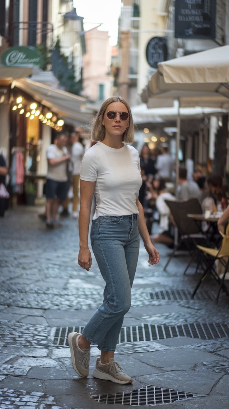 A woman in a chic outfit of a white T-shirt, blue jeans, and sunglasses strolls along a cobblestone street. Lined with shops and outdoor seating, it's reminiscent of a Mediterranean cruise. People dine and wander around her as she steps confidently in her white sneakers.