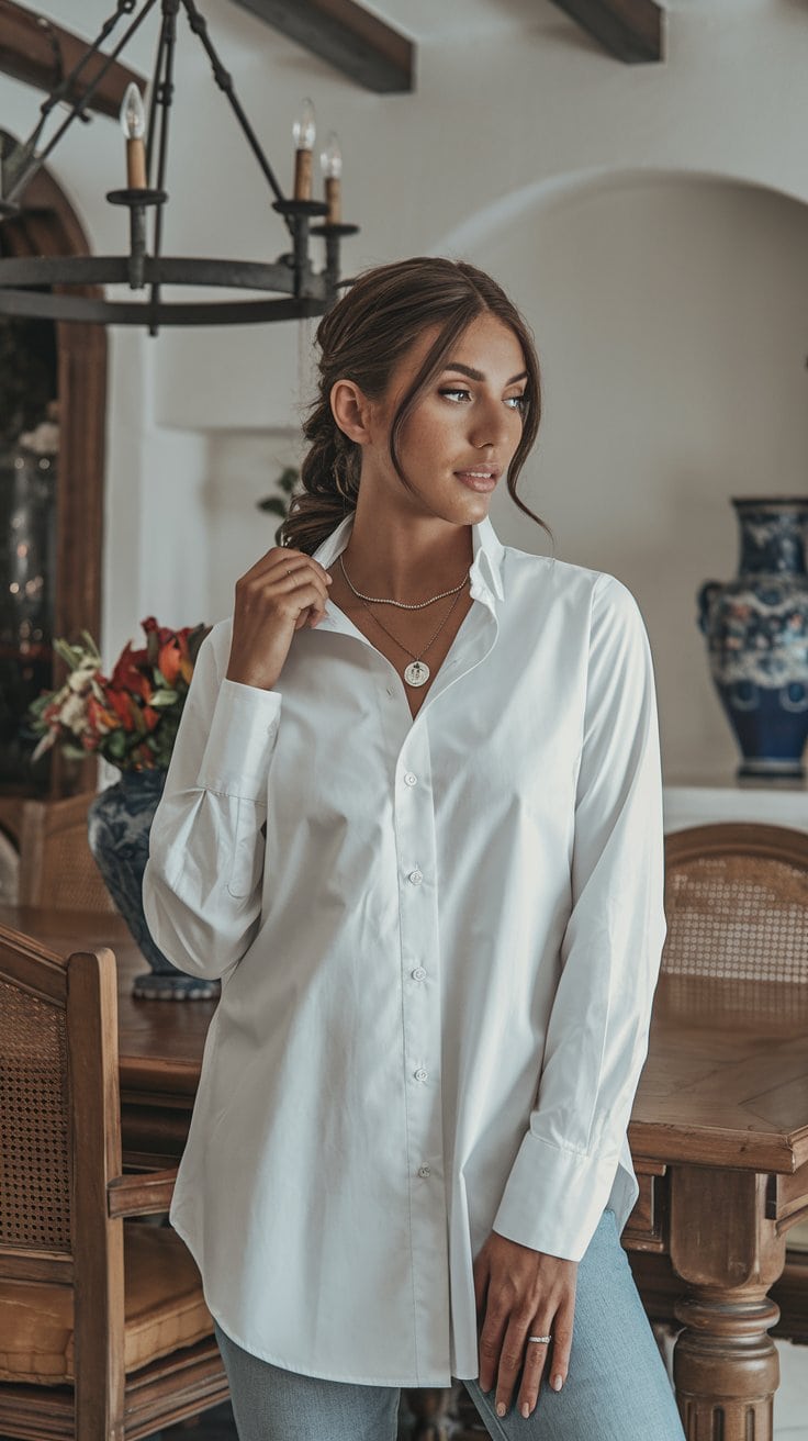 A woman, embodying chic outfit ideas, stands indoors wearing a white button-up shirt and jeans. Her hair is styled in a ponytail, and she touches her shirt collar with her left hand. In the background, a chandelier illuminates flowers and blue pottery on a wooden dining table.