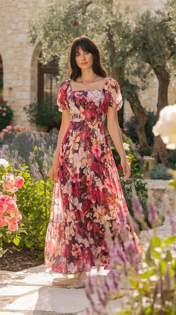 A woman stands in a sunlit garden wearing a chic, floral dress with short puffed sleeves. Surrounded by vibrant flowers and greenery, the scene evokes the charm of a Mediterranean cruise, with a stone building gracing the background.