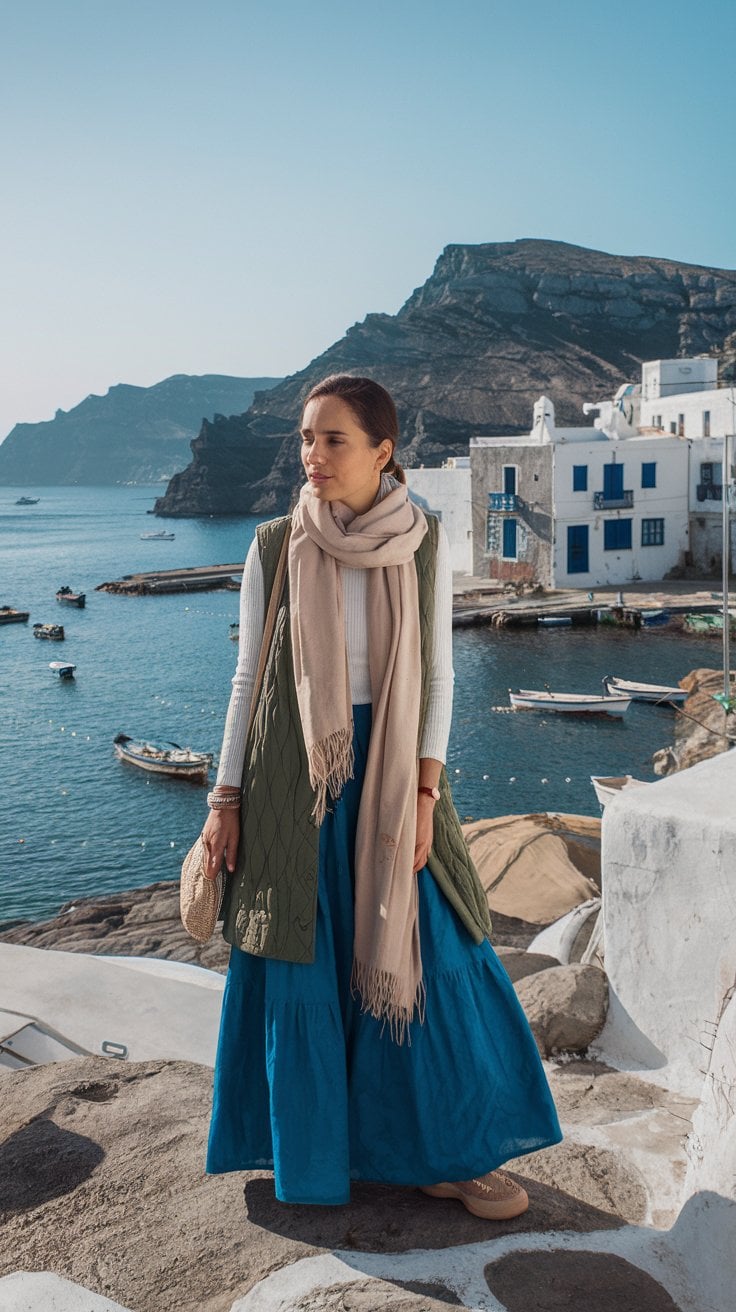 A woman stands on a stone path overlooking a scenic coastal village with white buildings and blue shutters, embodying chic outfit ideas in her green vest, white top, blue skirt, and beige scarf. With boats gliding by and hills rising beyond, it feels like the perfect stop on a Mediterranean cruise adventure.