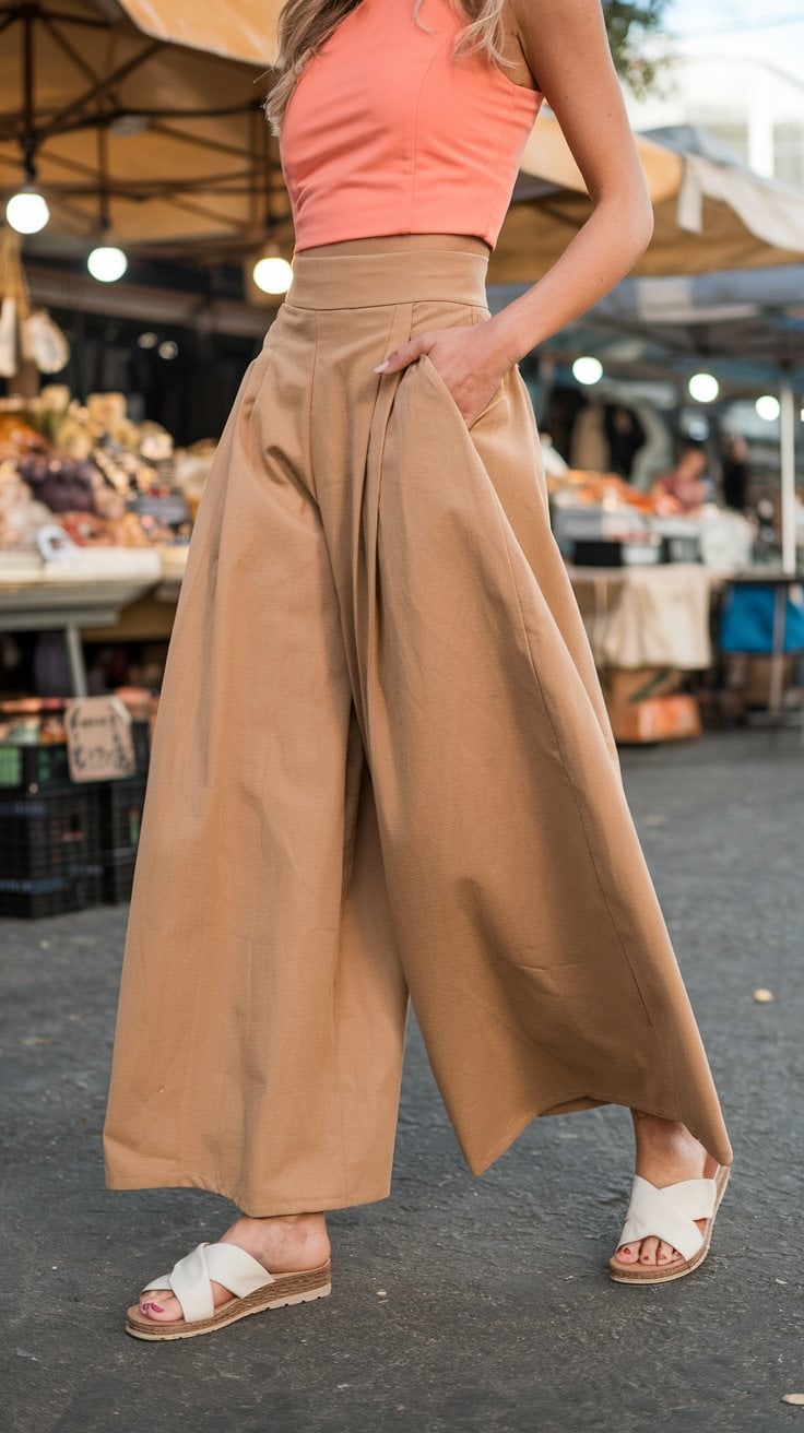Amidst the bustling outdoor market, a chic outfit comes to life with wide, high-waisted tan pants and a sleeveless coral top. With one hand in their pocket and white sandals completing the look, it’s an adventure in style. Various market stalls provide a vibrant backdrop to this Mediterranean cruise-inspired ensemble.