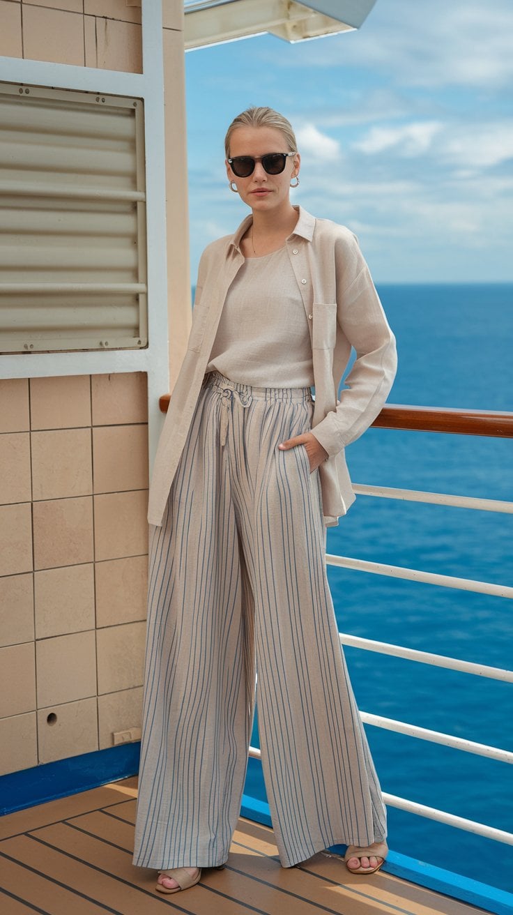 Amidst a serene cruise adventure, a person exudes style in sunglasses, a beige shirt, and striped wide-leg pants on the ship deck. The wooden railing frames a picturesque ocean view under a partly cloudy sky—truly chic outfit ideas for exploring the Mediterranean coast.