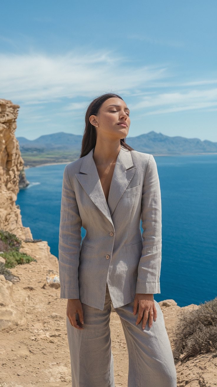 A person in a chic light gray suit stands on a cliff, embracing the adventure of a Mediterranean cruise. They overlook the vast blue ocean with mountains in the background, under a clear sky sprinkled with clouds, savoring the sunlight.