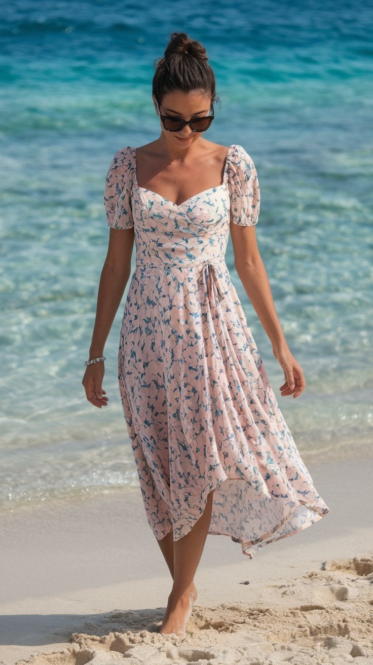 A woman walks barefoot on a beach near the ocean, embodying chic adventure. She dons sunglasses and a light pink dress with blue floral patterns and short puff sleeves, perfect outfit ideas for exploring. The water behind her is clear and turquoise.