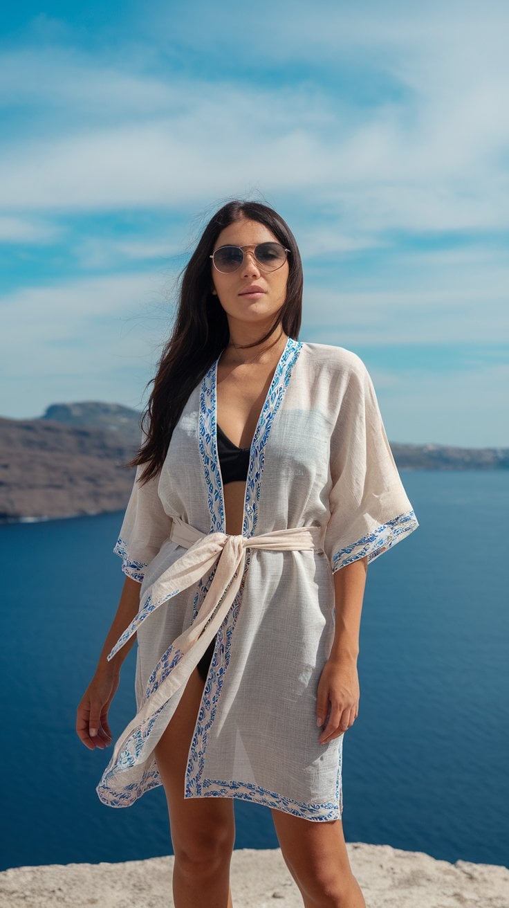 A woman stands outdoors with a scenic ocean view in the background, embodying chic outfit ideas perfect for a Mediterranean cruise. She is wearing sunglasses, a bikini, and a light cover-up with blue embroidery under the clear, blue sky.