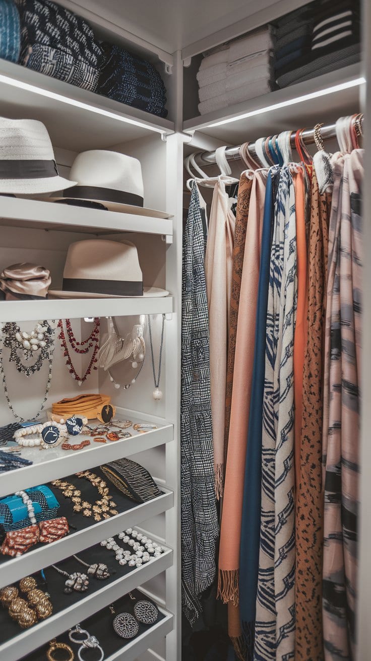 A well-organized closet showcases chic cruise outfits with shelves holding folded clothes, hats, necklaces, watches, and earrings. Scarves and ties are neatly hung on rods. Brightly lit, the closet highlights Norwegian cruise fashion with a variety of accessories and patterned fabrics.