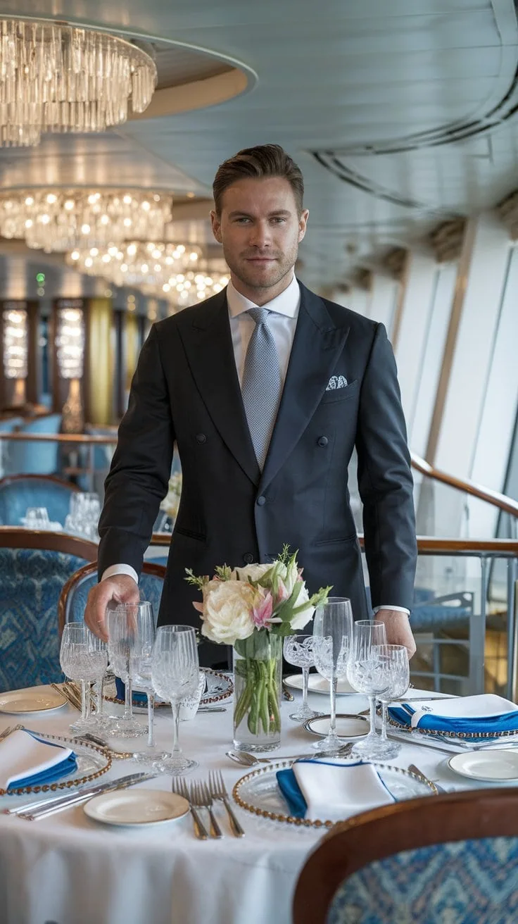 A man in a chic outfit stands by an elegantly set dining table on a Norwegian Cruise. The table features a floral centerpiece, wine glasses, and blue napkins. Chandeliers hang from the ceiling, and large windows reveal an outside view perfect for every occasion.