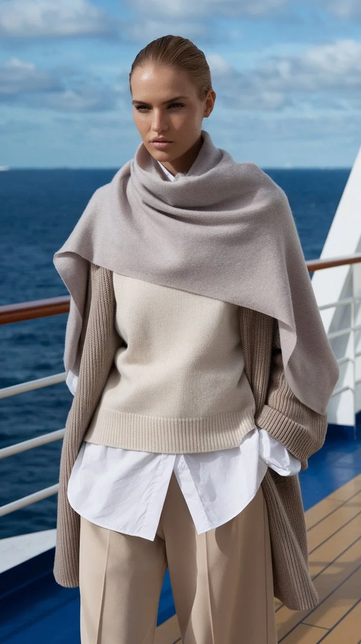 A person stands chicly on a ship's deck, embodying cruise fashion with a layered ensemble featuring a beige shawl, sweater, and wide-legged pants. The ocean and cloudy sky set the perfect backdrop for this stylish Norwegian cruise outfit.